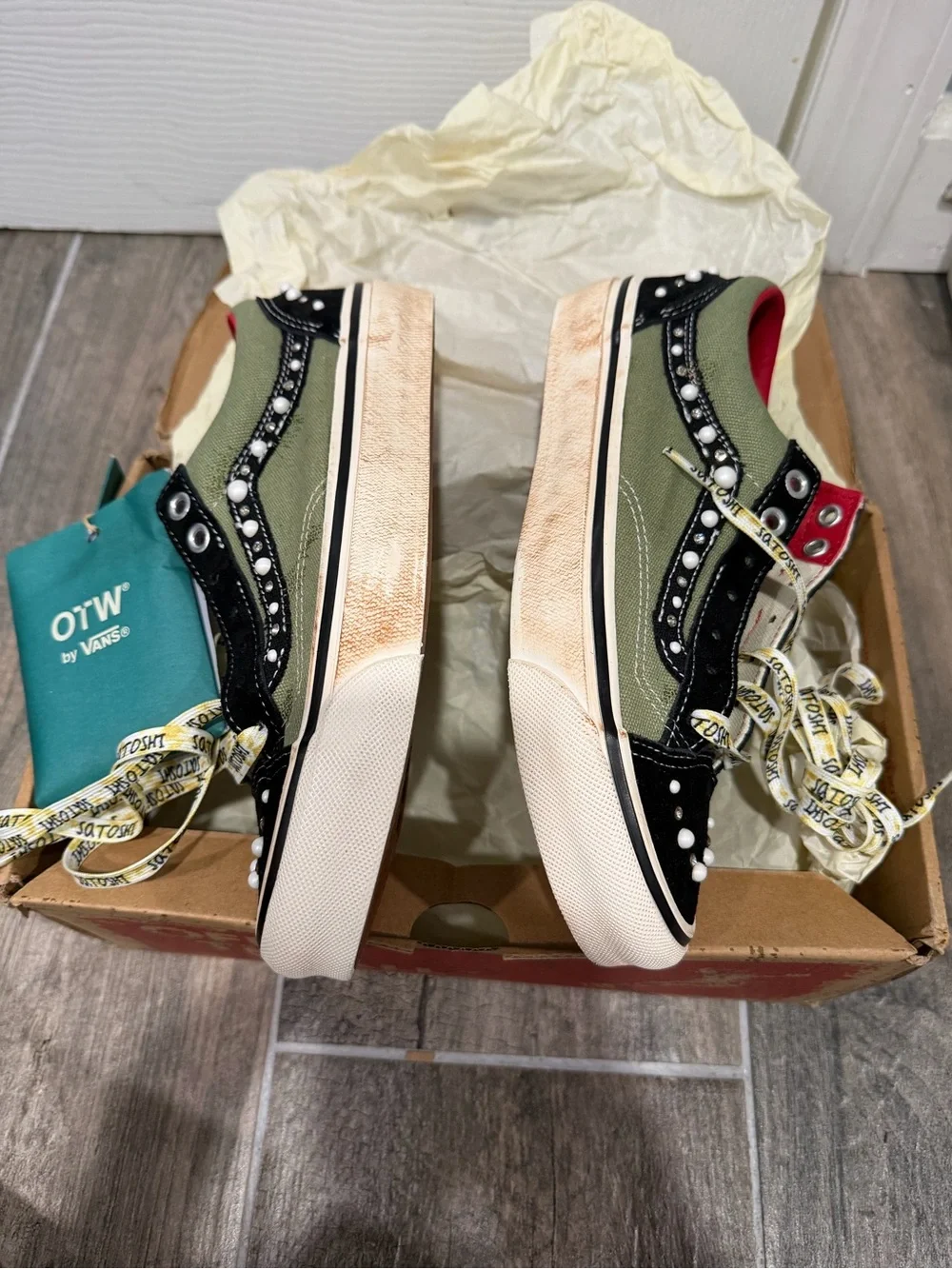 Vans OTW x Satoshi Nakamoto Olive and Black Pearl-Trim Slip-On Sneakers - Picture 7 of 9
